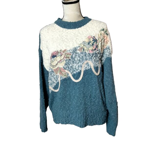 Vintage Needles & Yarn Nubby Textured Flower Applique Sweater Crew Neck 80s 90s - Picture 1 of 7